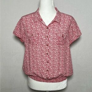 NO APOLOGIES Bubble Hem Blouson Red Floral Top Blouse - size M